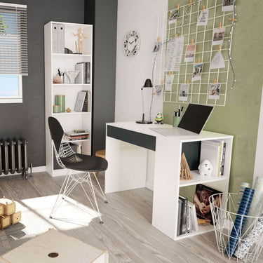 Sesko Grey and White Modern Home Office Desk with Drawer and Storage Shelves - UK Luxury Furniture